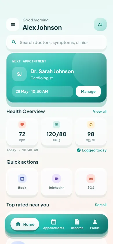 The Vesali patient home screen