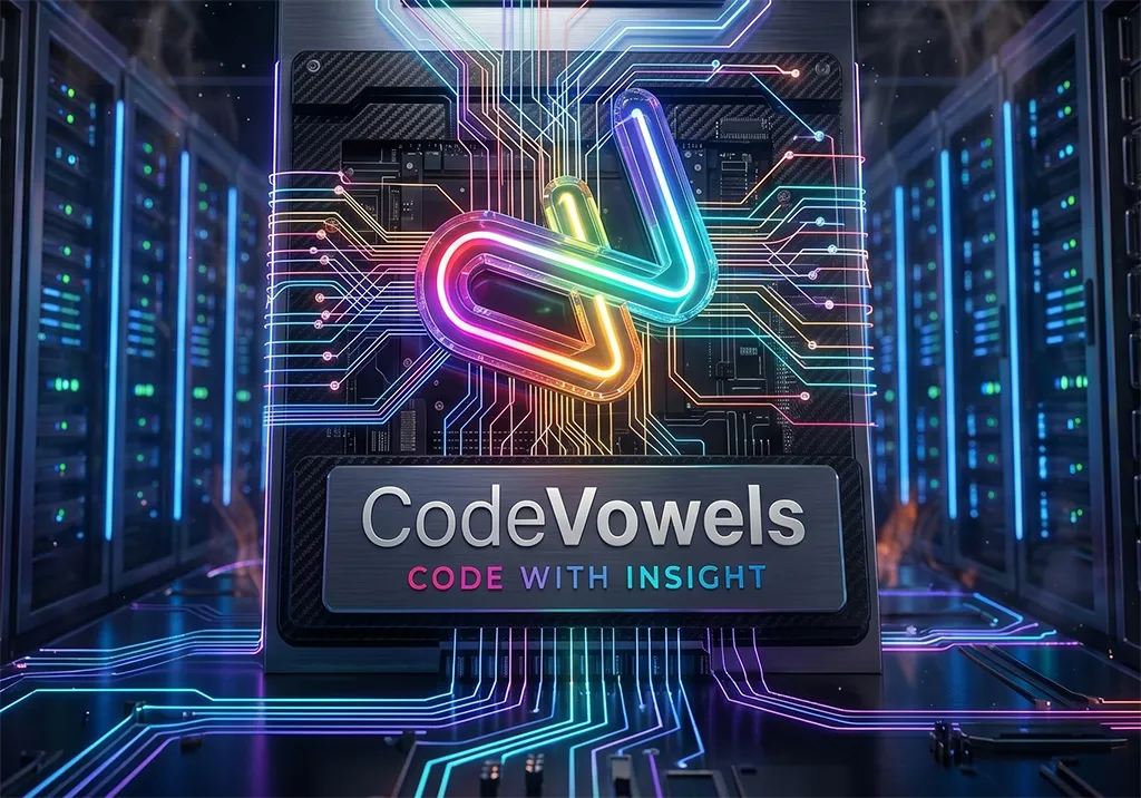 The CodeVowels logo glowing on a circuit board